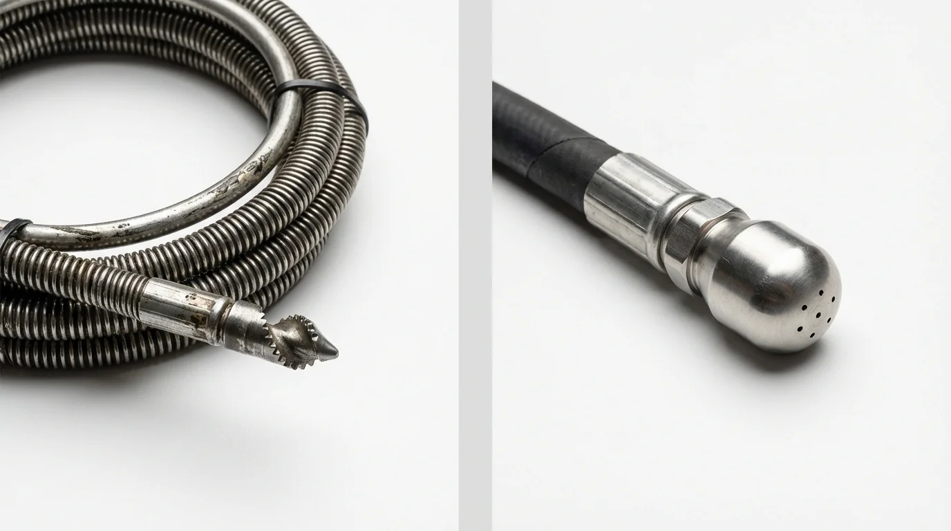 Drain snake cable and hydro jetting nozzle used for drain cleaning in Lewisville, TX