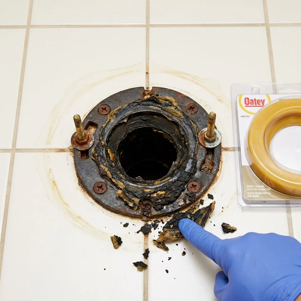 Failed wax ring showing water seepage at the base of a toilet in a Lewisville, TX home