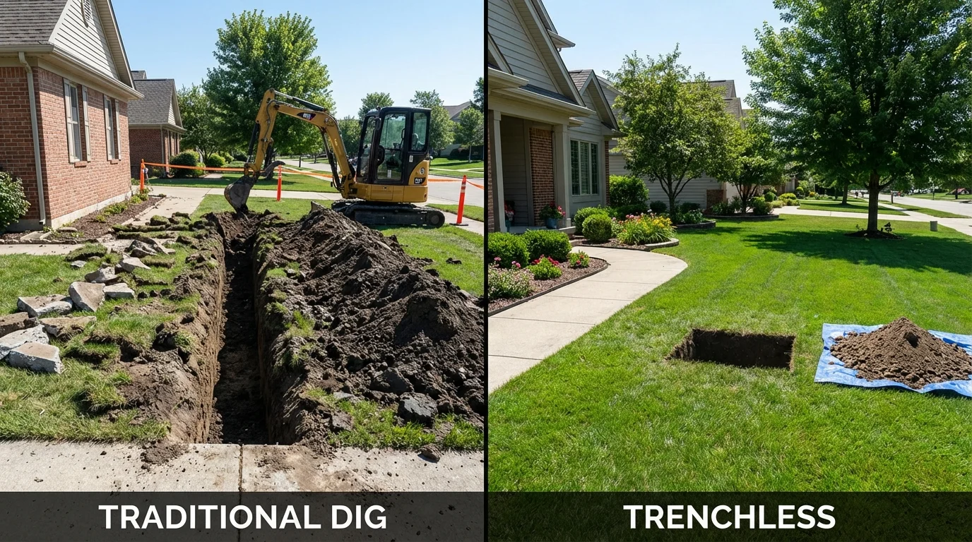 Trenchless sewer repair with minimal yard damage versus traditional excavation in Lewisville, TX