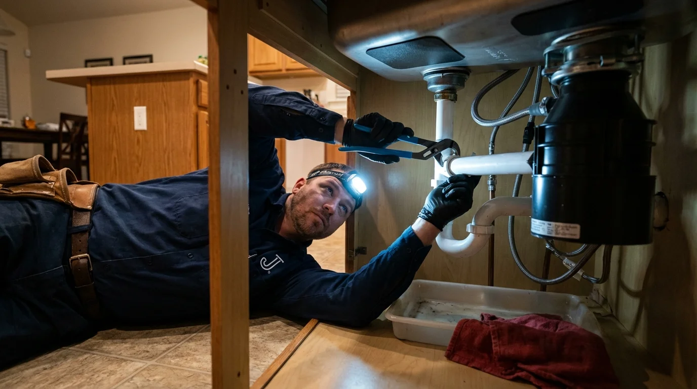 P-trap and supply line connections under a kitchen sink showing a common leak point in Lewisville, TX